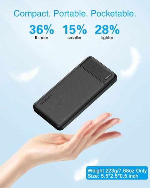Two Pack 10000mAh Portable Charger Power Bank With Dual USB Ports On The Fly Quick Charge Compact travel power bank in hand.