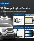 Plug In Garage Shop Light 20000LM Ultra Bright Daylight 6500K 200W 4 Pack Linkable Ceiling Lights details beside truck
