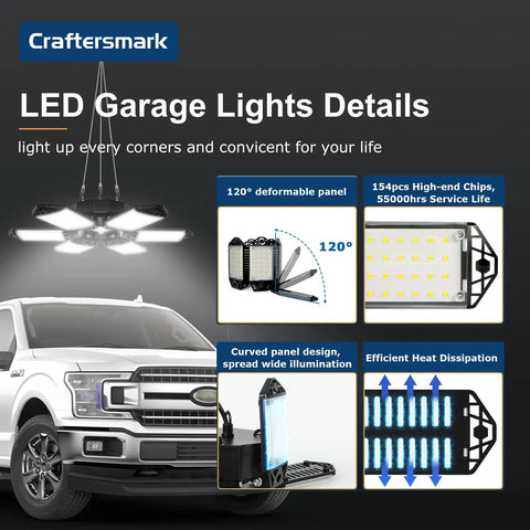 Plug In Garage Shop Light 20000LM Ultra Bright Daylight 6500K 200W 4 Pack Linkable Ceiling Lights details beside truck