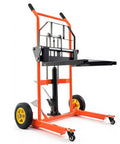 Straight Up Heavy Duty Hydraulic Material Lift Stacker with black platform and orange frame for 450-pound hauling.