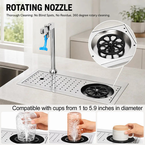 Heavy Duty 304 Stainless Steel Glass Rinser And Cup Washer For Bars Featuring Built In Recessed Sink Mount with rotating nozzle.