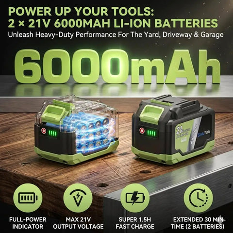Powerhouse Cordless Brushless Leaf Blower Kit With Dual 4.0Ah Batteries And Fast Charger showing 6000mAh Li-ion batteries