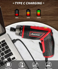 4V Cordless Screwdriver Kit With 44 Accessories connected to laptop for charging, showing battery levels, dual position handle visible
