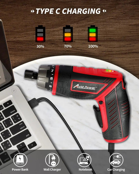 4V Cordless Screwdriver Kit With 44 Accessories connected to laptop for charging, showing battery levels, dual position handle visible