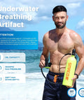 Man holding S700 Plus Mini Scuba Tank 1.9L Portable Diving Tank Reusable Pony Bottle for underwater exploration on beach