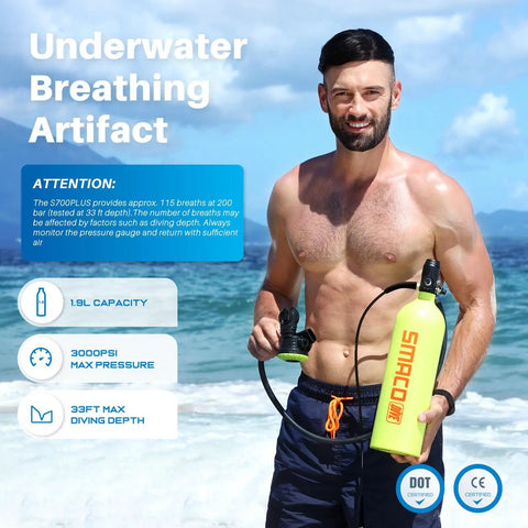 Man holding 1.9L Mini Scuba Tank Portable Diving Pony Bottle For Underwater Exploration And Emergency Rescue on beach