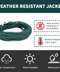 Heavy Duty 100Ft Outdoor Extension Cord 16/3 SJTW Grounded 3 Prong Power Cable Built Tough, shown coiled with safety icons.