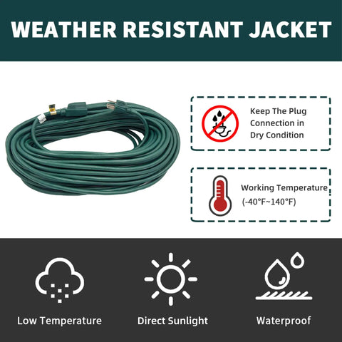 Heavy Duty 100Ft Outdoor Extension Cord 16/3 SJTW Grounded 3 Prong Power Cable Built Tough, shown coiled with safety icons.
