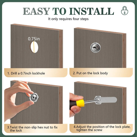 Installation steps for Heavy Duty Three Pack Cam Locks With No Sweat Setup for tool boxes, showing 0.75in lock hole details.