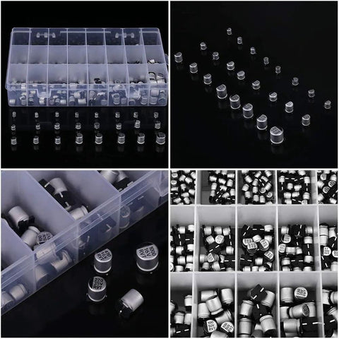 Complete Electrolytic Capacitors Assortment Kit With 400 Pieces From 1uF To 1000uF, 24V Aluminum SMD Bypass Caps shown in storage box