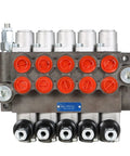Front view of ALL-CARB 5-spool hydraulic directional control valve with red port caps and silver top housings.