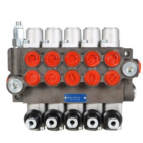 Front view of ALL-CARB 5-spool hydraulic directional control valve with red port caps and silver top housings.