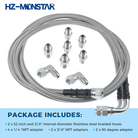 6AN 52 Inch Transmission Fluid Oil Cooler Hose Kit With Stainless Braided PTFE Lines For AN6 Fittings Works With Turbo 350, Turbo 400, 4L60E, 4L80E, 4L65E, 200R4, 700R4, Ford C4 C6 AOD Transmissions, hoses and adapters included