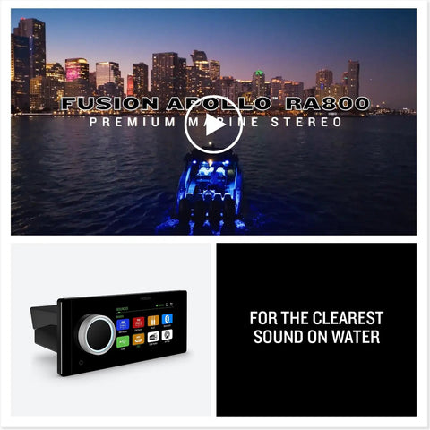 Apollo MS-RA800 Marine Stereo with Premium Touchscreen displayed against a night cityscape and close-up of its interface screen.
