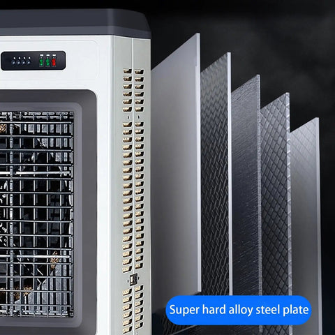Close-up of the Super Portable Evaporative Air Cooler With Eight Refreezeable Ice Packs And Three Fan Speeds showing metal housing and cooling components.