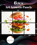 Six Panel Acoustic Wall Pads Featuring Hamburger And Explosion Prints Peel And Stick Sound Absorbing Foam Tiles in 72x48 inch layout.