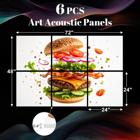 Six Panel Acoustic Wall Pads Featuring Hamburger And Explosion Prints Peel And Stick Sound Absorbing Foam Tiles in 72x48 inch layout.