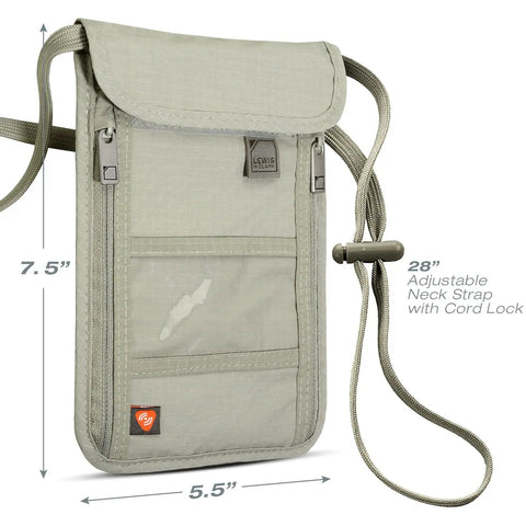 RFID Blocking Stash Neck Wallet And Travel Pouch Passport Holder for Women and Men in taupe with adjustable strap.