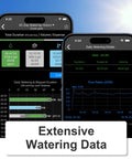 Smart Water Timer and Gateway for Lawn Irrigation app displaying watering data and weather adaptive control features.