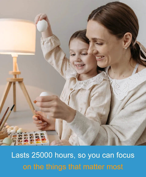 Mother and daughter decorating eggs next to a lamp, showcasing Three Way LED Light Bulbs 50 100 150 Watt Equivalents 3000K Soft White