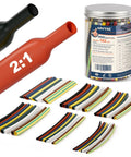 2:1 Heat Shrink Tubing Kit With 162Pcs in 9 colors and 6 sizes displayed with clear jar and assorted tubes