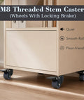 Rock Solid 1.6 Inch Swivel Caster Wheels With Locking Brakes, No Sweat M8 Thread Install, Set Of Four on a furniture cart.