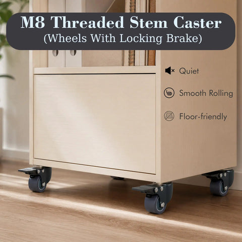 Rock Solid 1.6 Inch Swivel Caster Wheels With Locking Brakes, No Sweat M8 Thread Install, Set Of Four on a furniture cart.