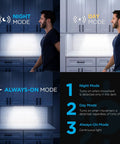 Rechargeable Motion Sensor Closet Light 3 Pack With 24 LED Night Lights showing night, day, and always-on modes under cabinets