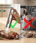 Comparison of stainless steel rechargeable electric salt and pepper grinder set with USB C charging dock, auto grinders.