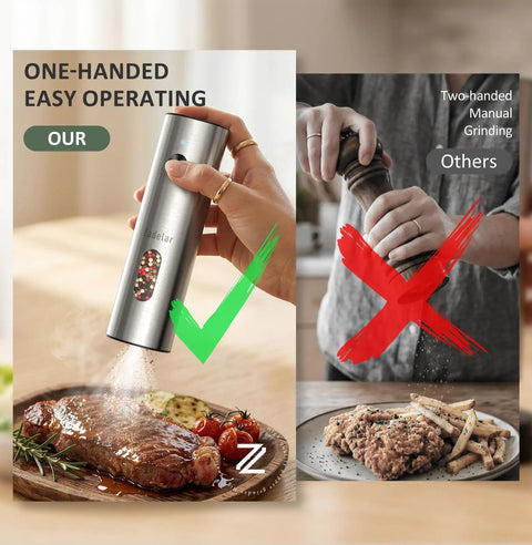 Comparison of stainless steel rechargeable electric salt and pepper grinder set with USB C charging dock, auto grinders.