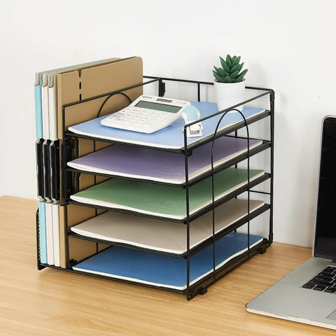 Five Tier Desk Organizer With Letter Trays And File Holder Space Saving Desktop Organizer For Office Supplies, black metal, with documents and calculator.