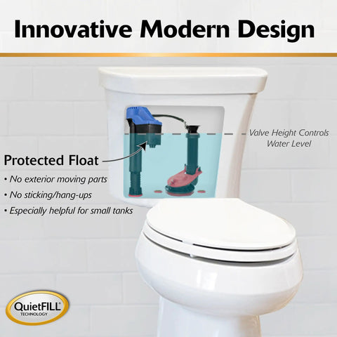 Toilet with innovative design showing 528T Replacement Toto Toilet Fill Valve For G Max And Power Gravity Toilets with protected float.