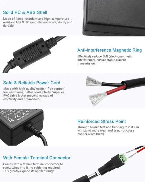 12V DC Power Supply 3A Universal AC Adapter 100-240V Input 50-60Hz To 12V Output Power Brick For LED Strip Lights CCTV Cameras PC Monitors And More With 5.5mm x 2.5mm Or 2.1mm DC Connector, black PVC cable and terminal connector