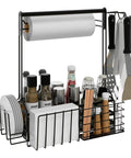 Outdoor Grill Caddy With Paper Towel Holder And Utensil Organizer, Large Capacity Barbecue Caddy With Napkin And Plate Holders, Four Hooks