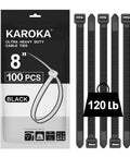 Eight Inch Heavy Duty Zip Ties With 120 Pound Tensile Strength Black Cable Ties 100 Count packaging and five ties