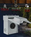 Top Shelf 50 Amp Rv Power Outlet Panel With Nema 14 50R Socket with lockable weatherproof cover and durable grey enclosure.
