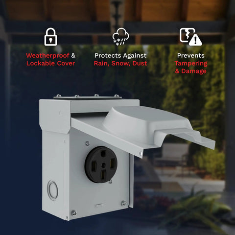 Top Shelf 50 Amp Rv Power Outlet Panel With Nema 14 50R Socket with lockable weatherproof cover and durable grey enclosure.
