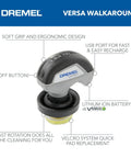DREMEL Versa rechargeable electric scrubber with soft grip, USB port, lithium ion battery, and pad replacement system.