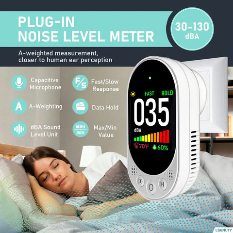 Plug In Wall Decibel Meter 30-130 dBA Sound Level Meter With Data Hold Max Min And Fast Slow Response 3 In 1 Noise Detector Temperature And Humidity For Classroom Home Library, wall outlet view