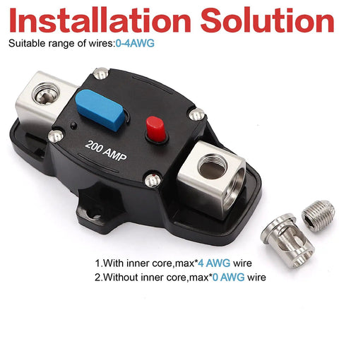 200 Amp 12-24V Manual Reset Circuit Breaker for Trolling Motors and Marine RV Power Systems Inline Fuse Block Holder 0-8 Gauge High Current Protector Waterproof Auto Stereo Inverter Safety, black panel mount with red reset button