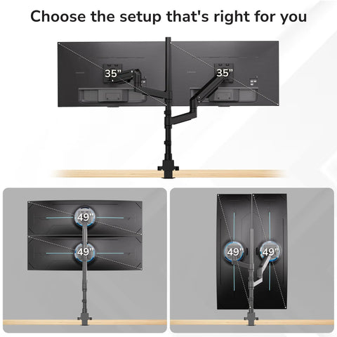 Rock Solid Dual Monitor Desk Mount Designed For Ultrawide Screens With Smooth Gas Spring Arms height adjustable with dual 35-inch or 49-inch screens.