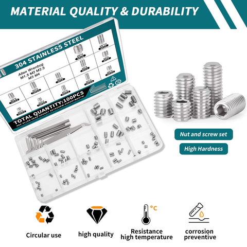 100 Piece Allen Screws Set Kit M3 M4 M5 M6 M8 With Allen Keys Heavy Duty Built To Last 304 Stainless Steel Cup Point Fasteners