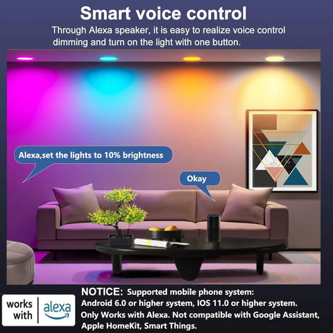 Living room with 6 Inch Canless LED Recessed Lights 4 Pack showcasing RGBCW lighting and Alexa voice control feature.