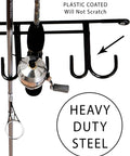 Close-up of Overhead 12 Rod Fishing Rod Rack, Heavy Duty Steel Overhead Mount for Indoor Outdoor Use, showing plastic-coated hooks.