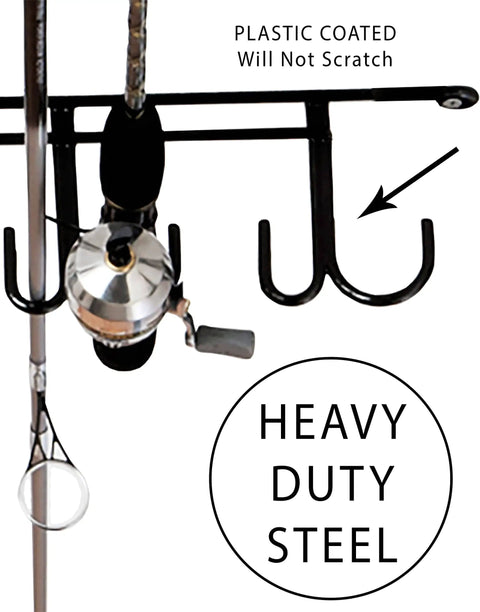 Close-up of Overhead 12 Rod Fishing Rod Rack, Heavy Duty Steel Overhead Mount for Indoor Outdoor Use, showing plastic-coated hooks.