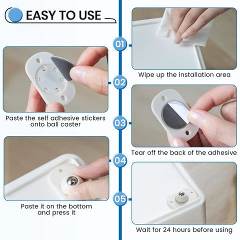 Self Adhesive Caster Wheels And Appliance Sliders For Kitchen Appliances installation steps showing adhesive pads being applied.
