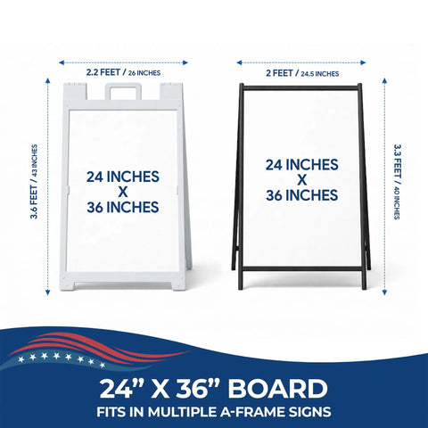24x36 Coroplast A Frame Sign Panel With Straight Fire Custom Prints Hella Tough Weather Resistant Construction Made In USA displayed with white and black frames.