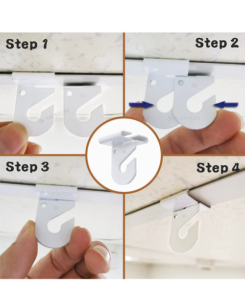 Installation steps for Heavy Duty Drop Ceiling Hooks 25 Pack For Suspended Tile Hangers Easy Install Ceiling Clips.