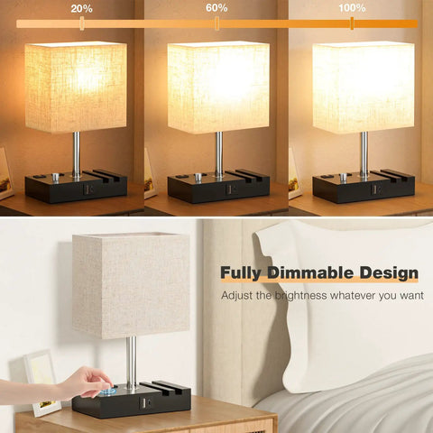 Set Of 2 Dimmable Beige Bedside Lamps With USB C Ports And Dual Charging Outlets, shown with adjustable brightness settings.