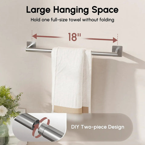 Brushed Nickel 5 Piece Bath Accessory Set With 18 Inch Towel Bar And 12 Inch Hand Towel Bar Wall Mounted SUS304 Stainless Steel Modern Durable Bathroom Hardware No Fuss Install featuring 18 inch towel bar with towel, DIY design